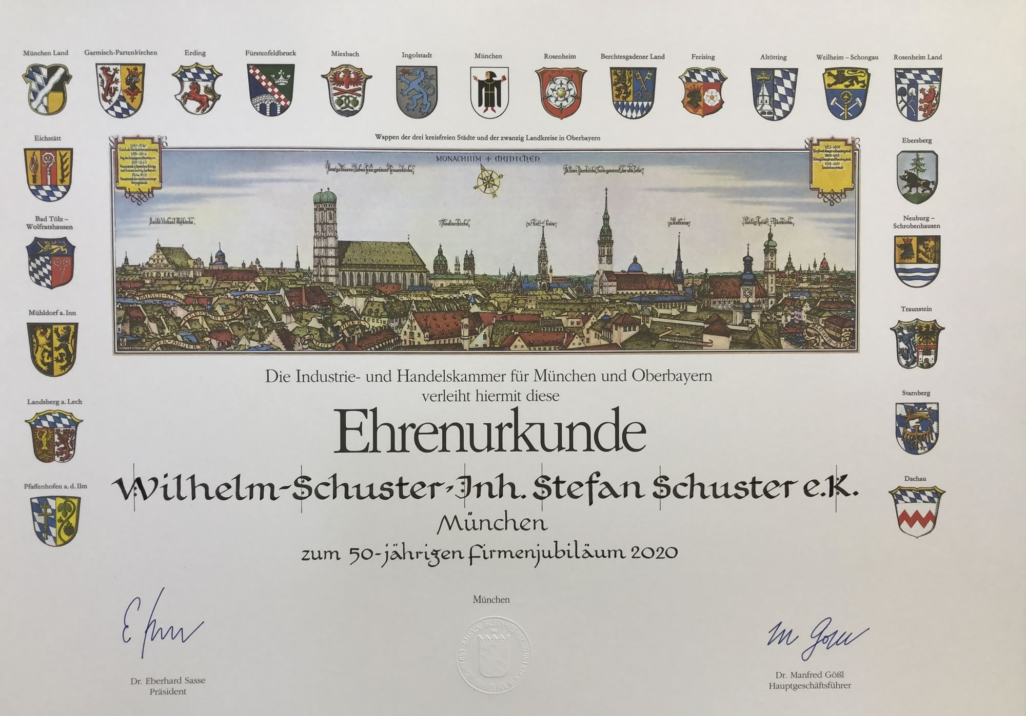 50 Jahre Wilhelm Schuster München 50 Jahre Firma Wilhelm Schuster in München von der IHK als Ehrenurkunde ausgestellt