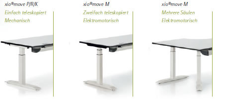 Xio Bürotisch Varianten von pneumatischer - Kurbel - elektormotorischer Höhenverstellung