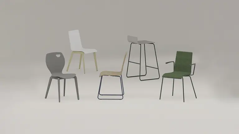 Cafe Besucherstühle, Holzschalenstühle und Barstühle als Familie