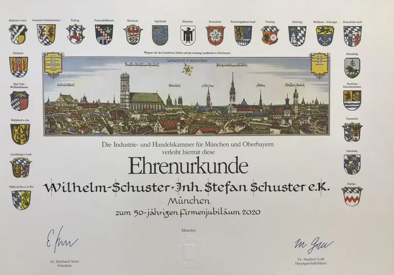 IHK Ehrenurkunde – Wilhelm-Schuster 50-jähriges Firmenjubiläum München 2020